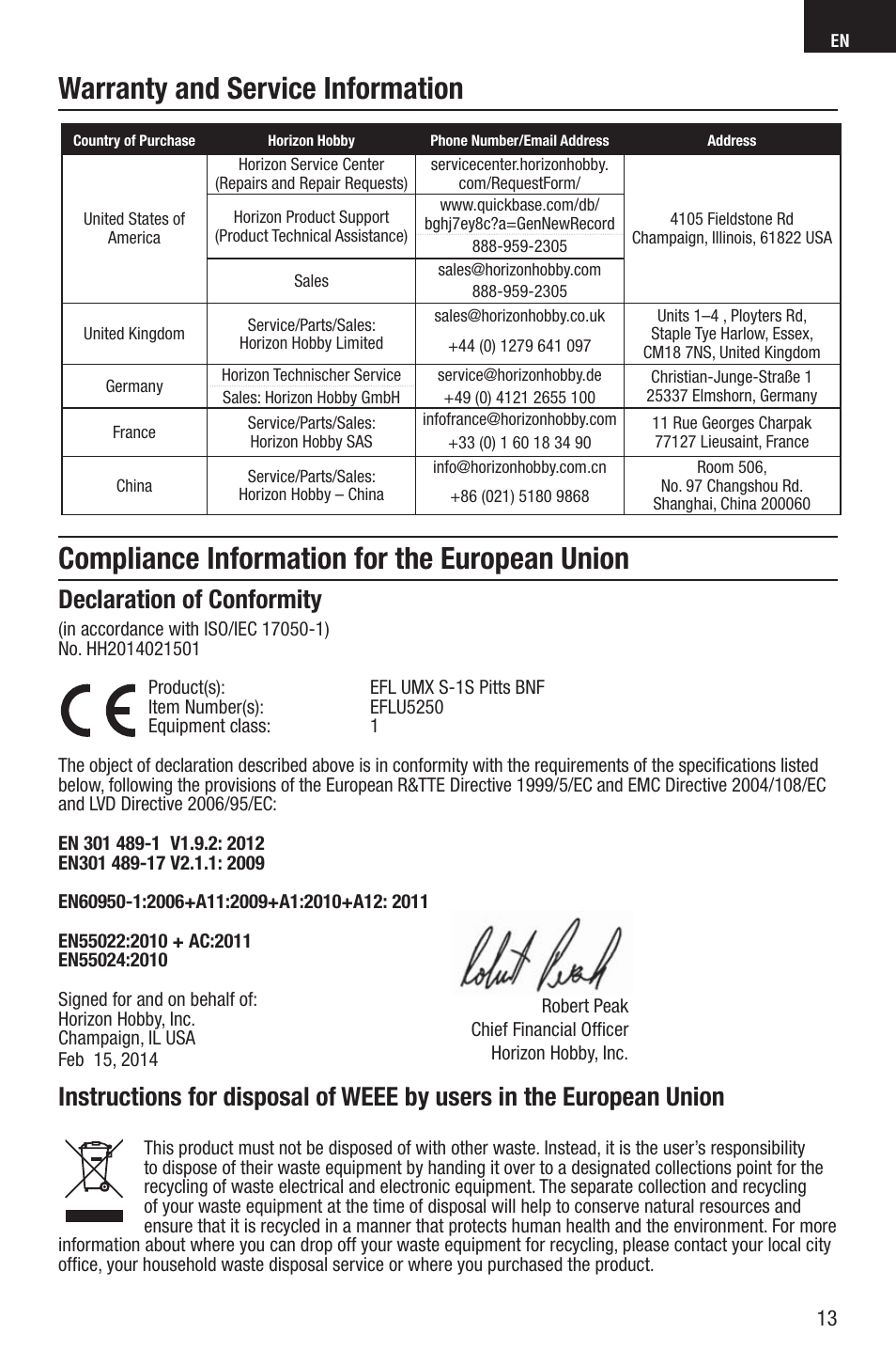 Compliance information for the european union, Warranty and service information, Declaration of conformity | E-flite UMX Pitts S-1S BNF Basic User Manual | Page 13 / 16