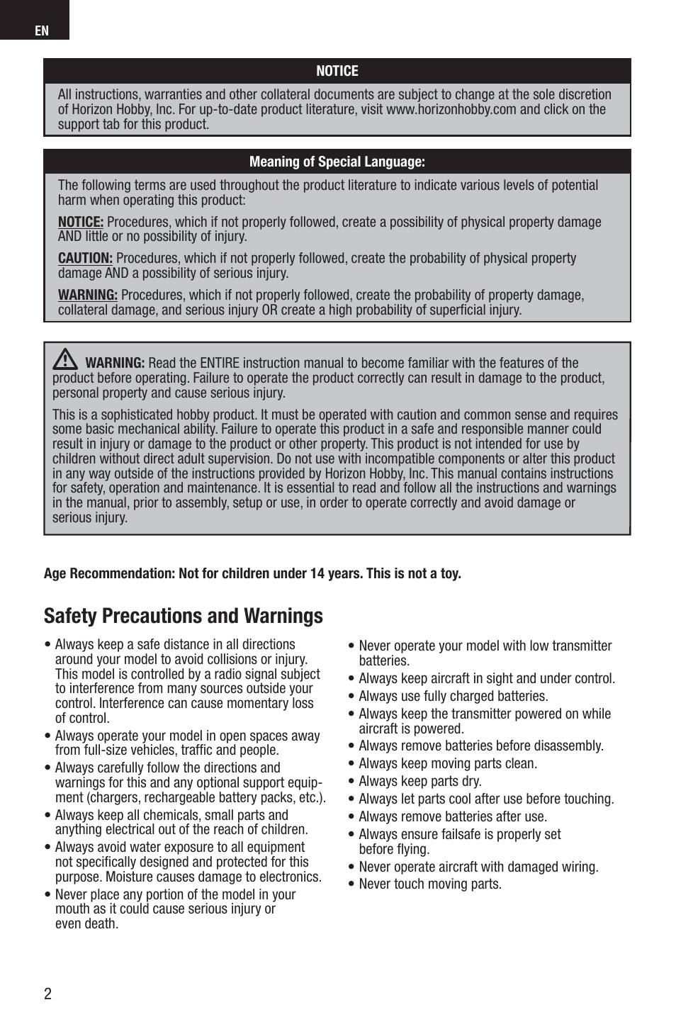 Safety precautions and warnings | E-flite UMX Pitts S-1S BNF Basic User Manual | Page 2 / 16