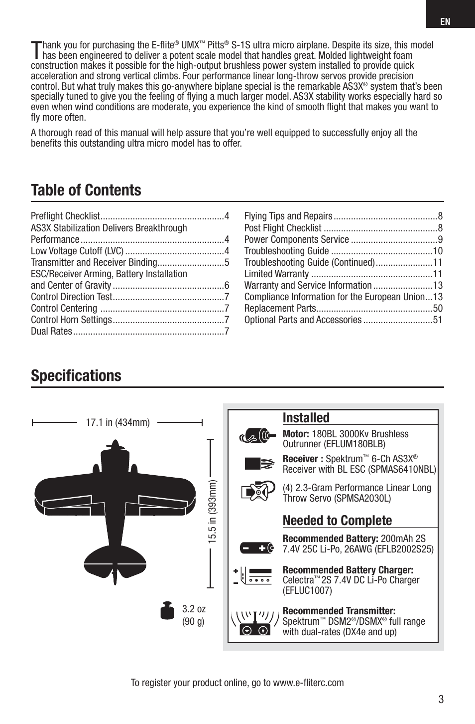 Table of contents speciﬁ cations, Installed, Needed to complete | E-flite UMX Pitts S-1S BNF Basic User Manual | Page 3 / 16