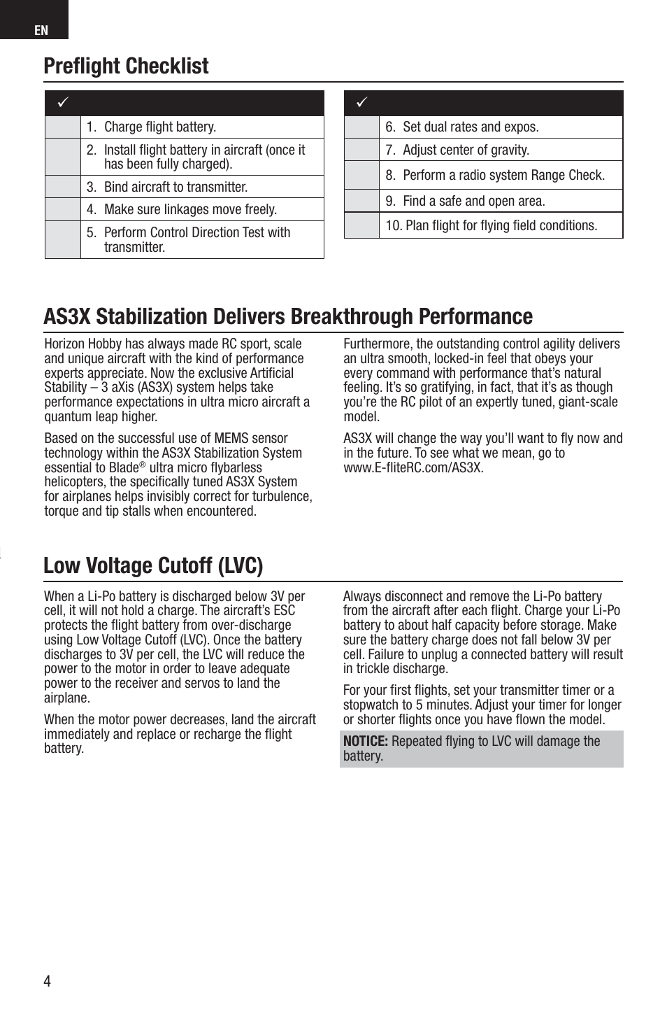 Low voltage cutoff (lvc) | E-flite UMX Pitts S-1S BNF Basic User Manual | Page 4 / 16