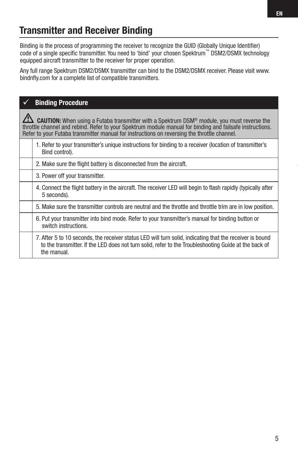 Transmitter and receiver binding | E-flite UMX Pitts S-1S BNF Basic User Manual | Page 5 / 16