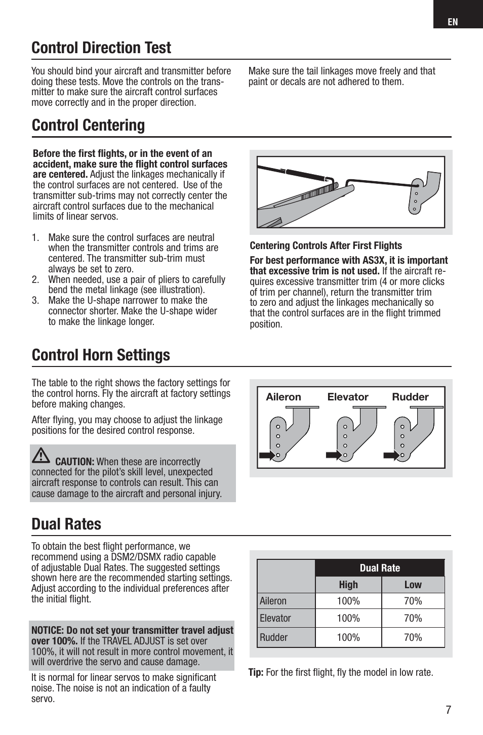 Control centering control horn settings, Dual rates, Control direction test | E-flite UMX Pitts S-1S BNF Basic User Manual | Page 7 / 16