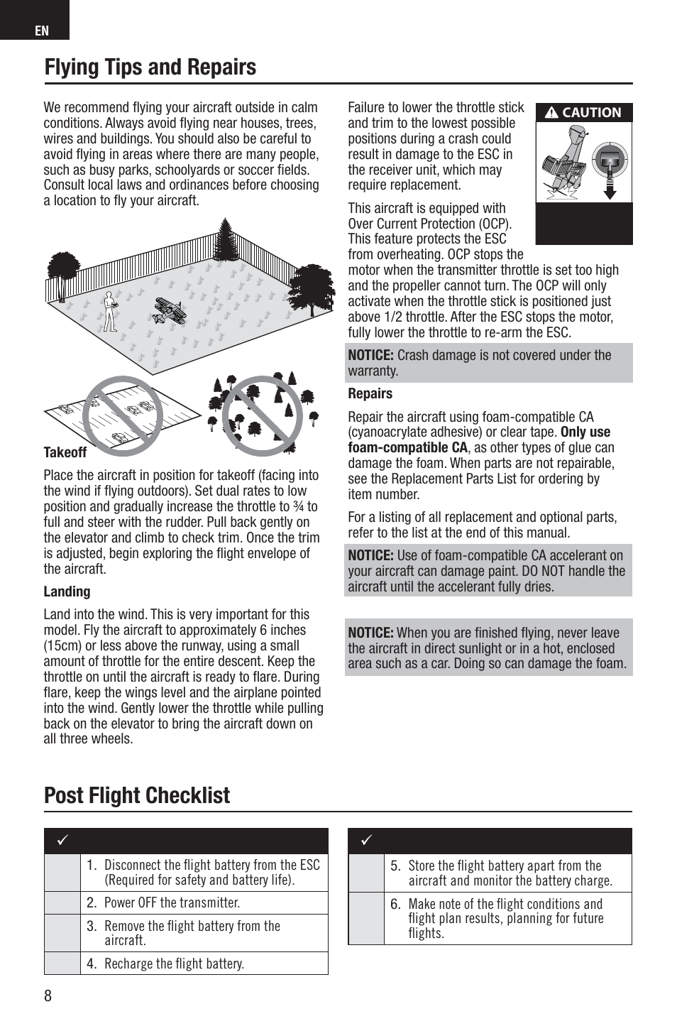 Post flight checklist, Flying tips and repairs | E-flite UMX Pitts S-1S BNF Basic User Manual | Page 8 / 16