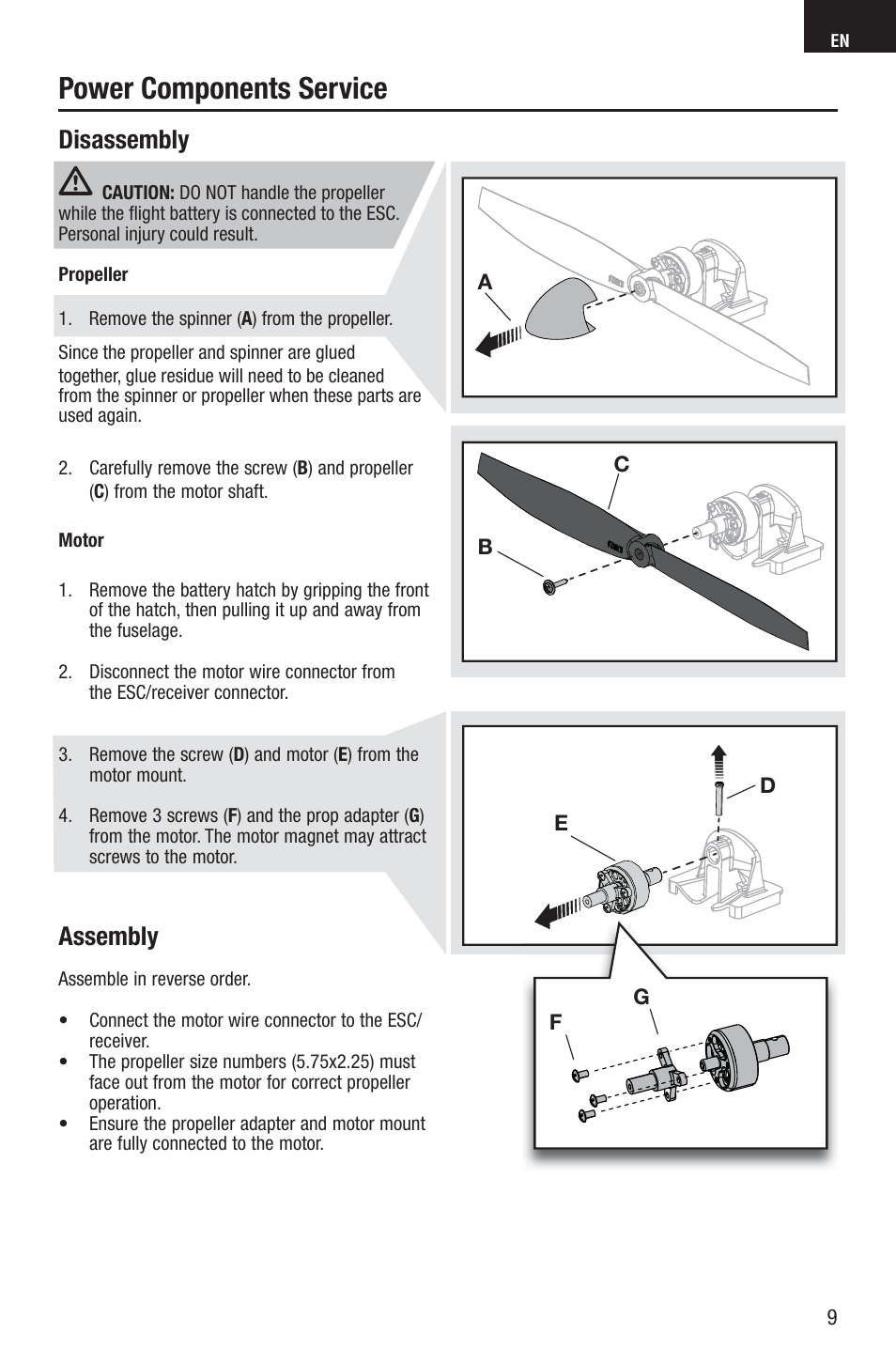 Power components service, Disassembly, Assembly | E-flite UMX Pitts S-1S BNF Basic User Manual | Page 9 / 16