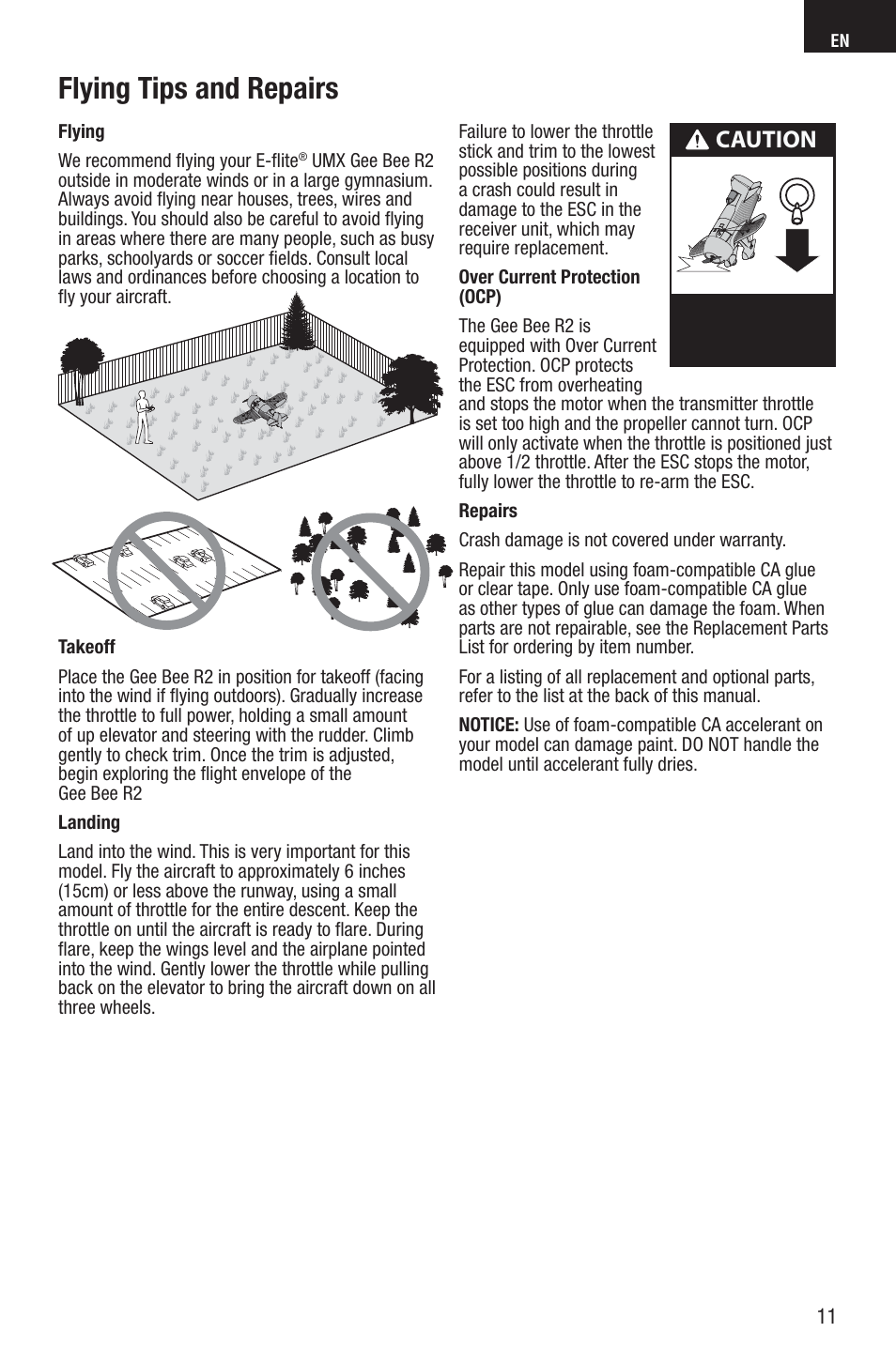 Flying tips and repairs, Caution | E-flite UMX Gee Bee R2 BNF User Manual | Page 11 / 21