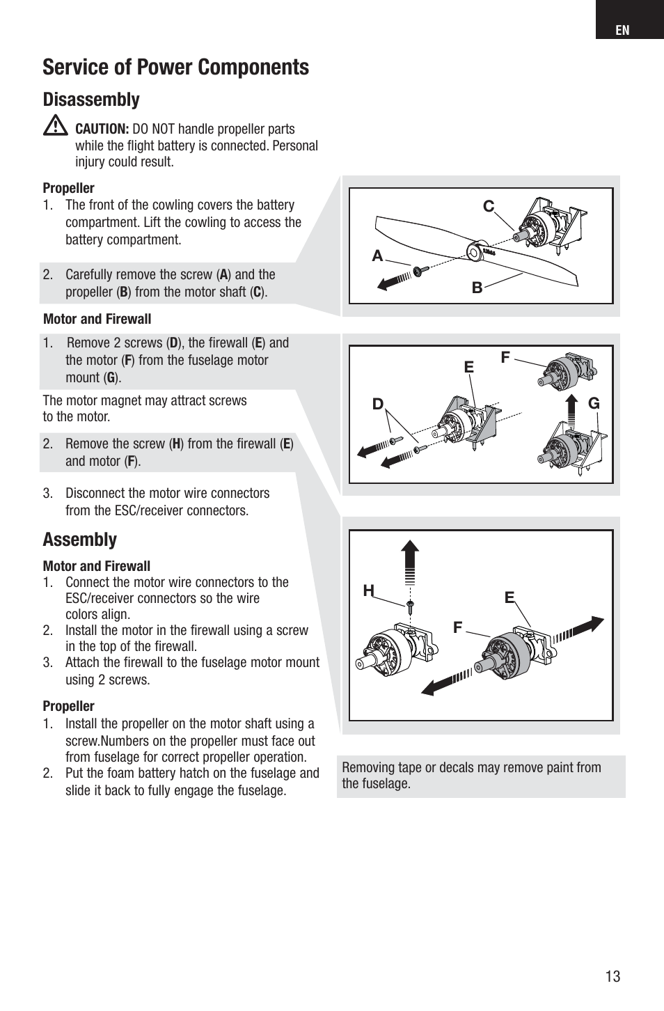 Service of power components, Disassembly, Assembly | E-flite UMX Gee Bee R2 BNF User Manual | Page 13 / 21