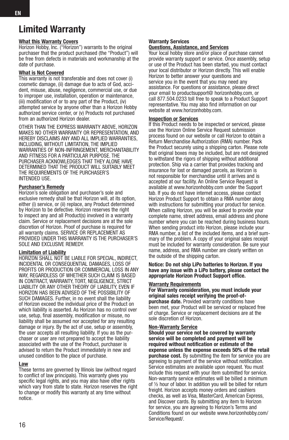 Limited warranty | E-flite UMX Gee Bee R2 BNF User Manual | Page 16 / 21