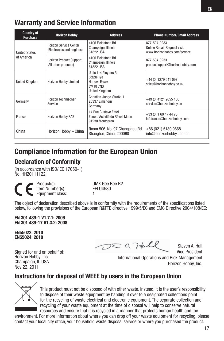 Compliance information for the european union, Warranty and service information, Declaration of conformity | E-flite UMX Gee Bee R2 BNF User Manual | Page 17 / 21