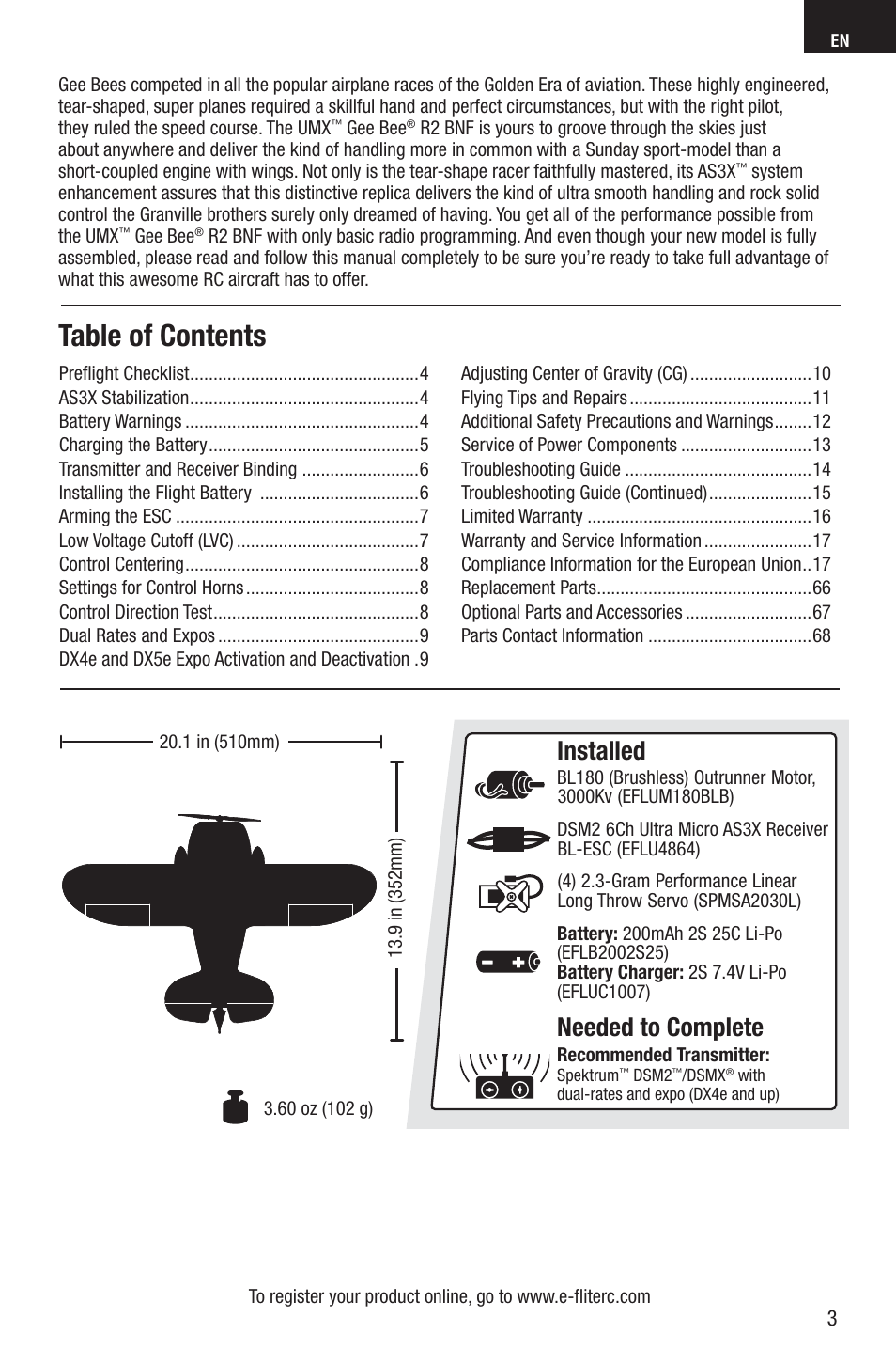 E-flite UMX Gee Bee R2 BNF User Manual | Page 3 / 21