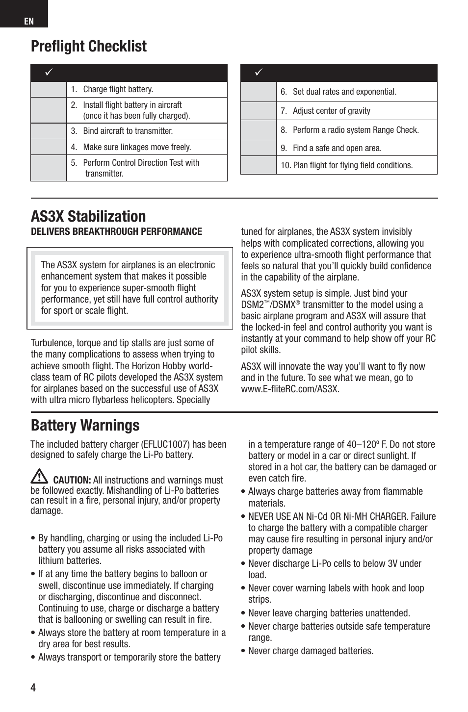 As3x stabilization, Preﬂ ight checklist, Battery warnings | E-flite UMX Gee Bee R2 BNF User Manual | Page 4 / 21