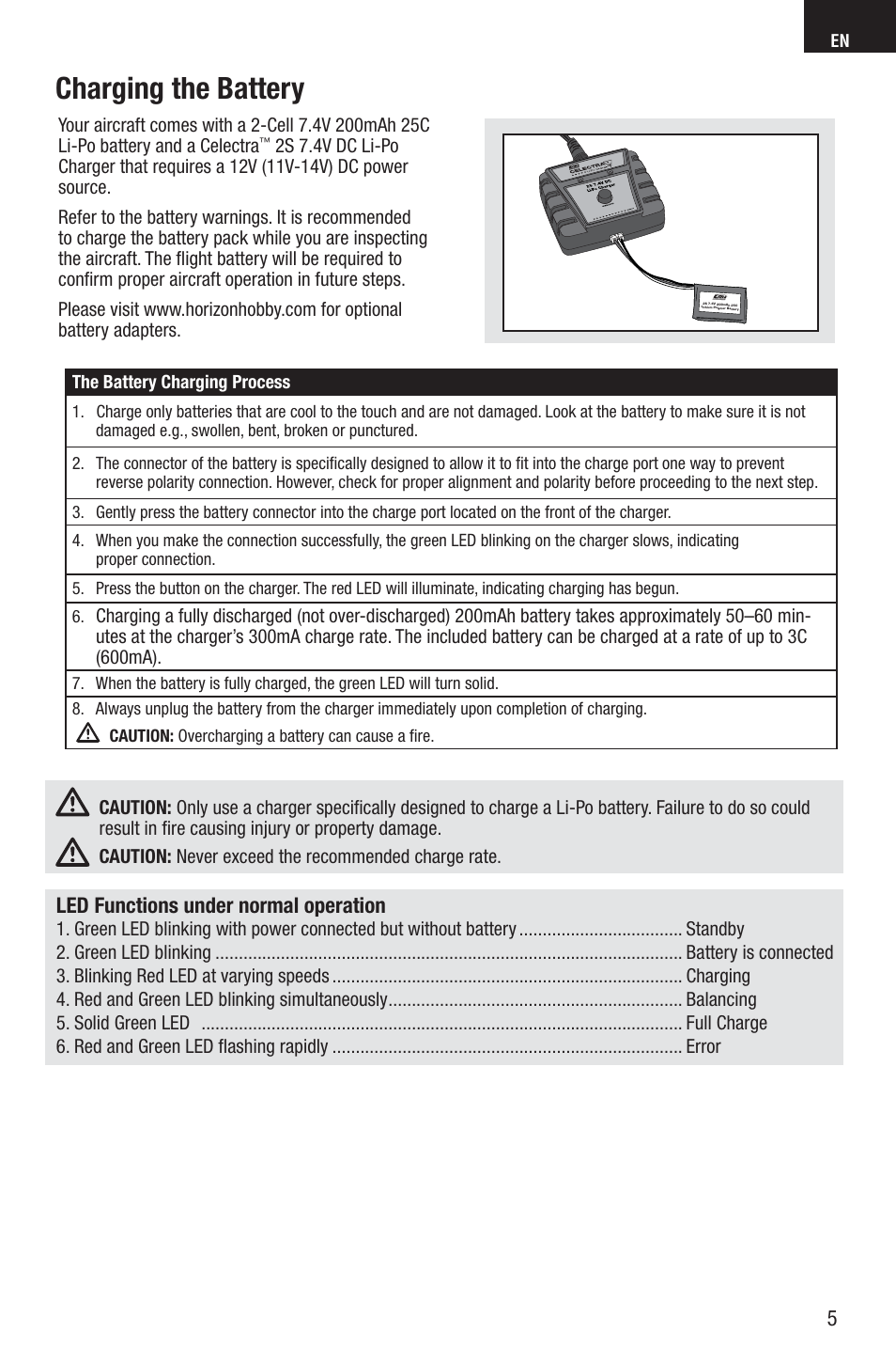 Charging the battery, Led functions under normal operation | E-flite UMX Gee Bee R2 BNF User Manual | Page 5 / 21