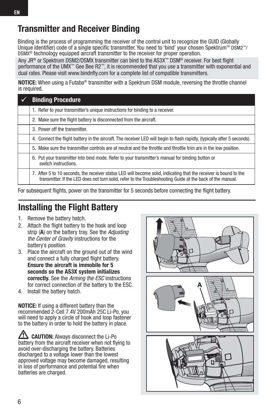 Transmitter and receiver binding, Installing the flight battery, Binding procedure | E-flite UMX Gee Bee R2 BNF User Manual | Page 6 / 21