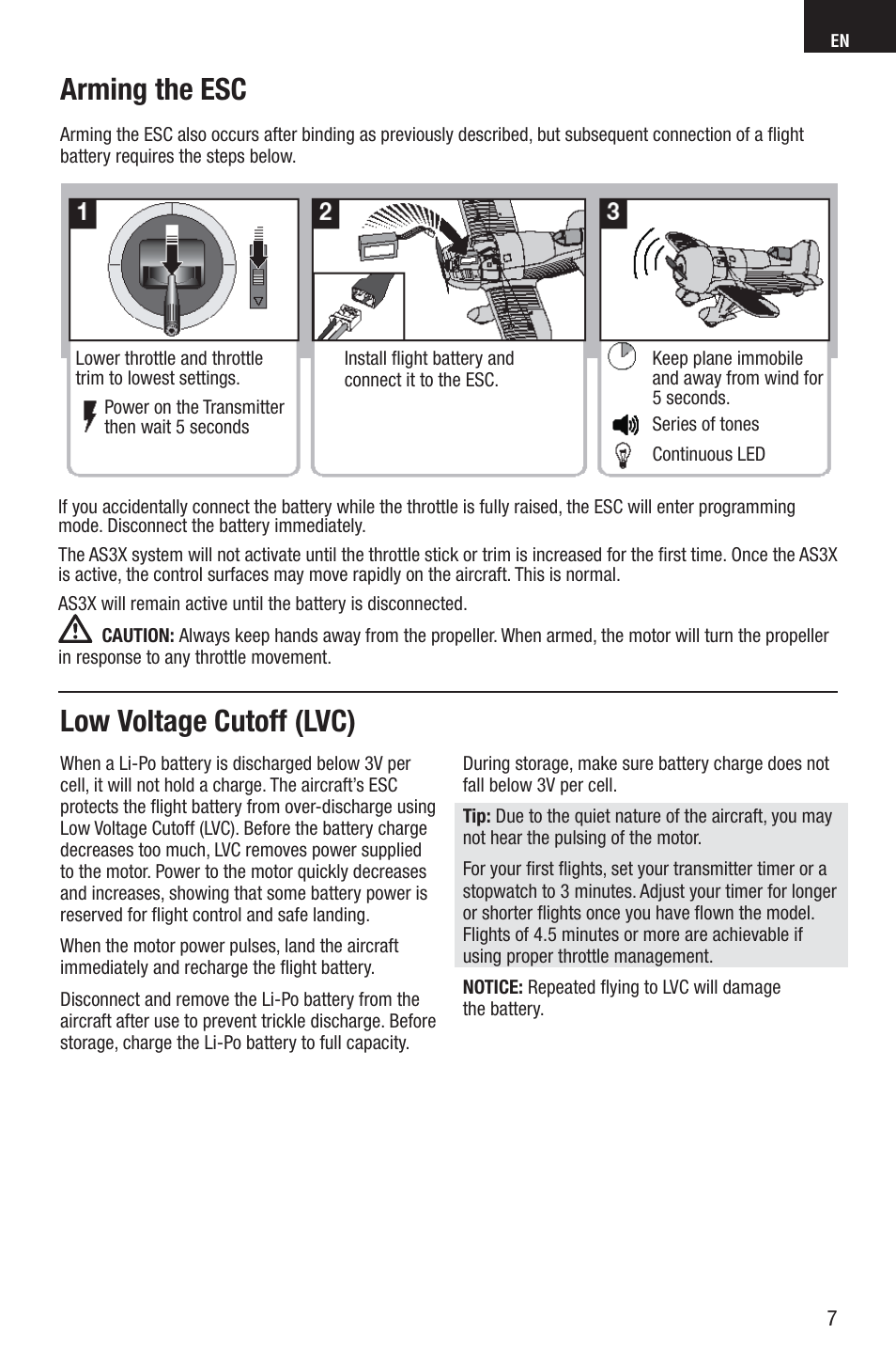 Arming the esc, Low voltage cutoff (lvc) | E-flite UMX Gee Bee R2 BNF User Manual | Page 7 / 21