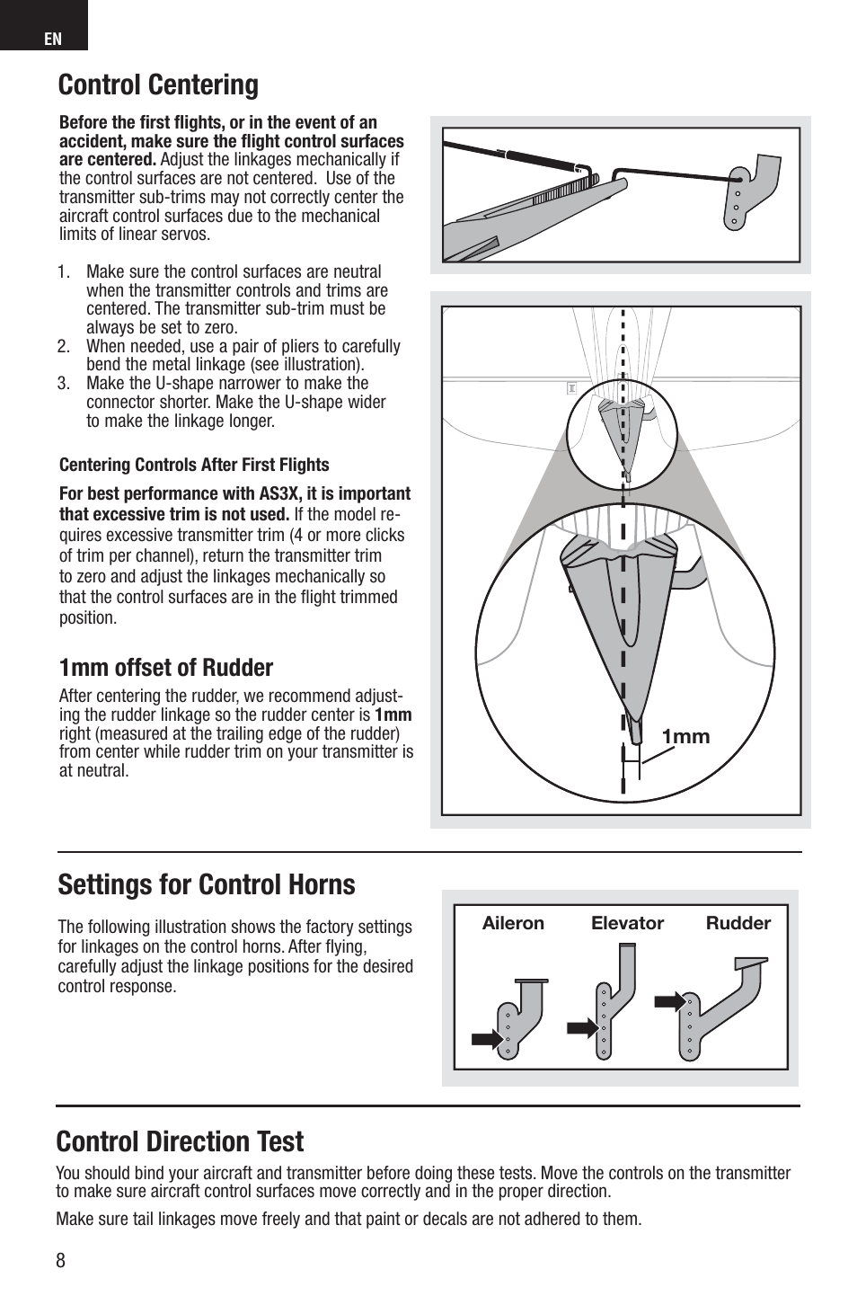 Control direction test settings for control horns, Control centering, 1mm offset of rudder | E-flite UMX Gee Bee R2 BNF User Manual | Page 8 / 21