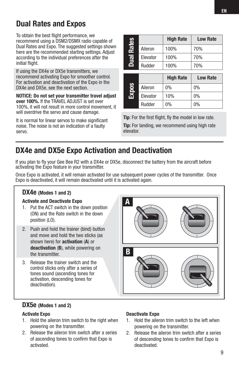 Dual rates and expos, Dx4e and dx5e expo activation and deactivation, Dual rates | Expos, Dx4e, Dx5e | E-flite UMX Gee Bee R2 BNF User Manual | Page 9 / 21