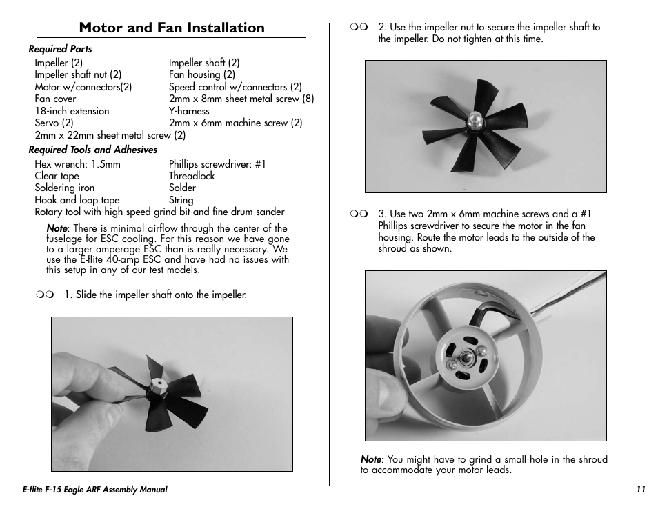 Motor and fan installation | E-flite F-15 Eagle DF ARF User Manual | Page 11 / 36