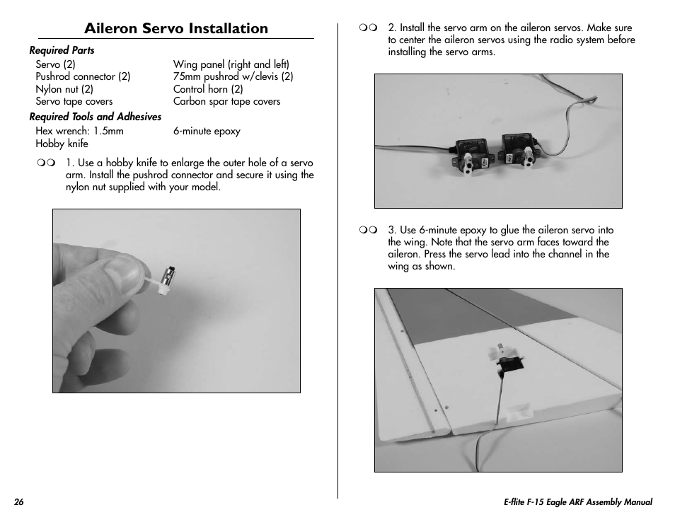 Aileron servo installation | E-flite F-15 Eagle DF ARF User Manual | Page 26 / 36