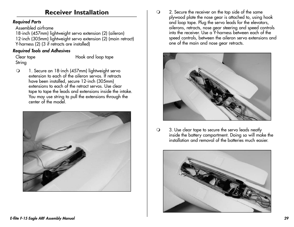 Receiver installation | E-flite F-15 Eagle DF ARF User Manual | Page 29 / 36