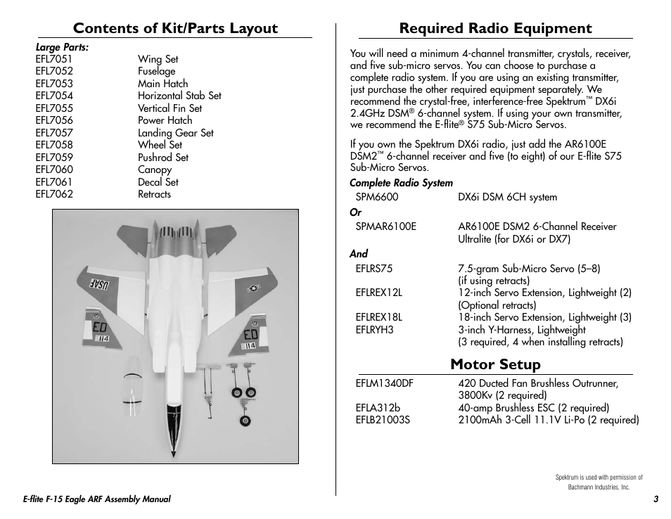 Contents of kit/parts layout, Required radio equipment, Motor setup | E-flite F-15 Eagle DF ARF User Manual | Page 3 / 36