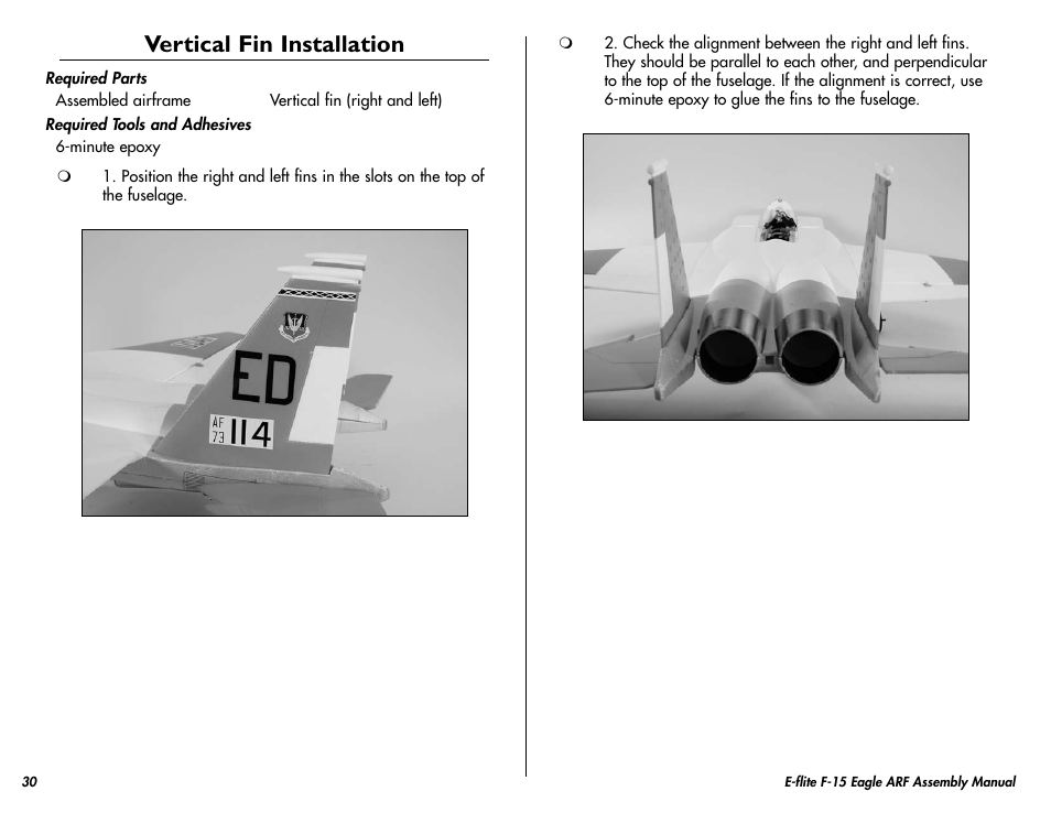 Vertical fin installation | E-flite F-15 Eagle DF ARF User Manual | Page 30 / 36