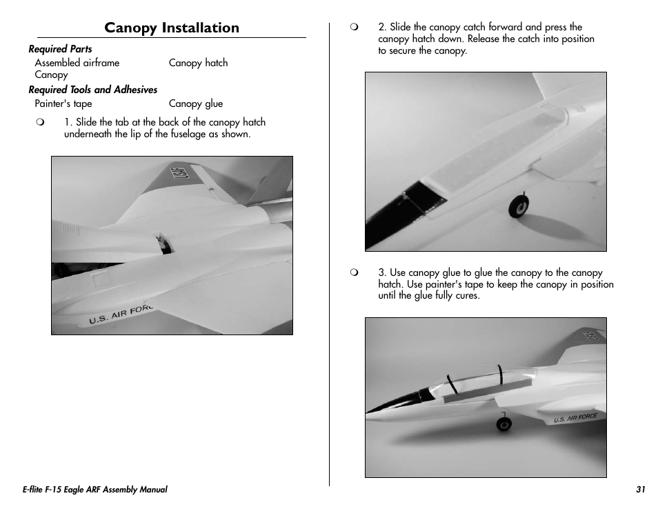 Canopy installation | E-flite F-15 Eagle DF ARF User Manual | Page 31 / 36