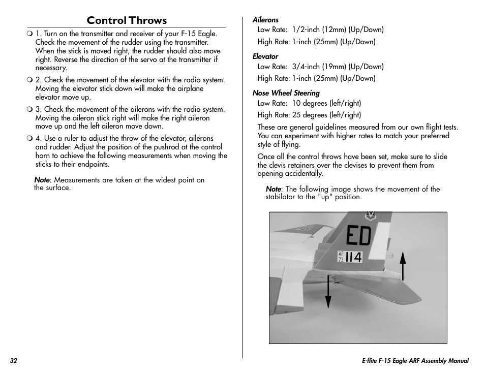 Control throws | E-flite F-15 Eagle DF ARF User Manual | Page 32 / 36