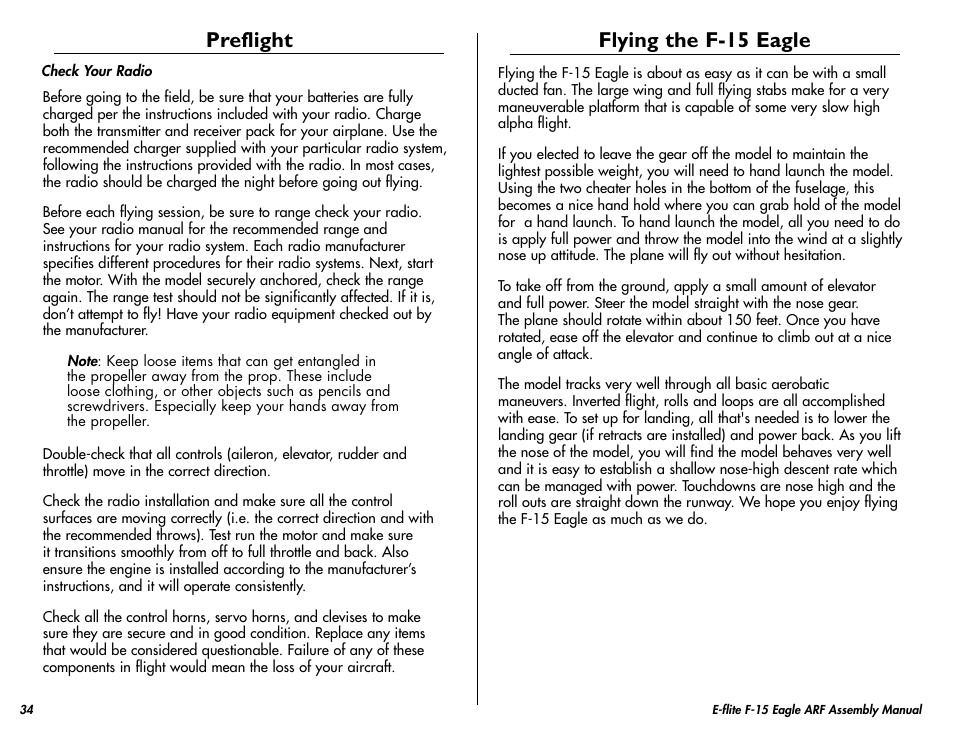 Preflight, Flying the f-15 eagle | E-flite F-15 Eagle DF ARF User Manual | Page 34 / 36