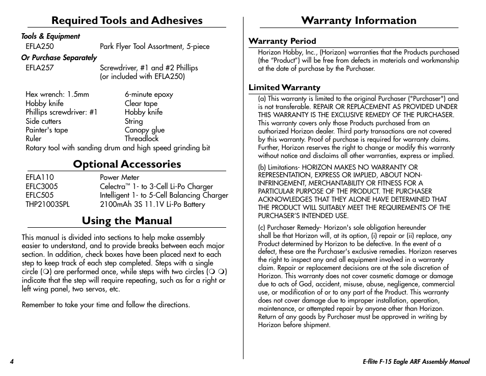 Required tools and adhesives, Optional accessories, Using the manual | Warranty information | E-flite F-15 Eagle DF ARF User Manual | Page 4 / 36