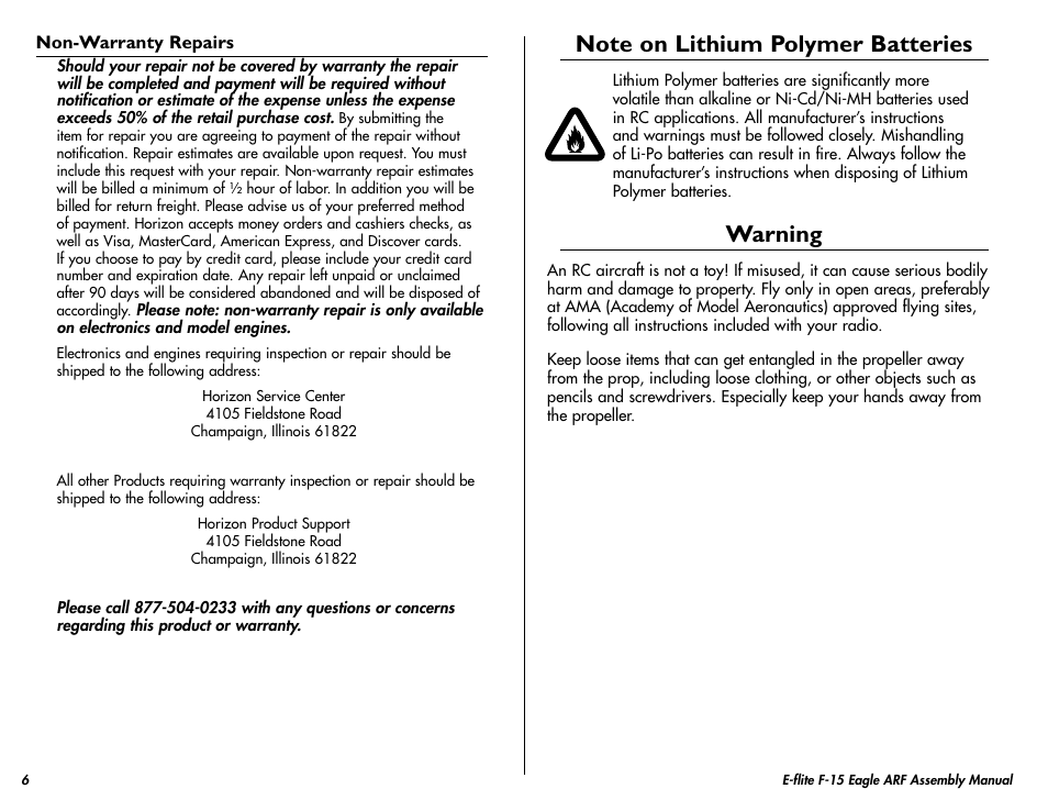 Warning | E-flite F-15 Eagle DF ARF User Manual | Page 6 / 36