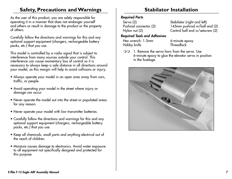 Safety, precautions and warnings, Stabilator installation | E-flite F-15 Eagle DF ARF User Manual | Page 7 / 36