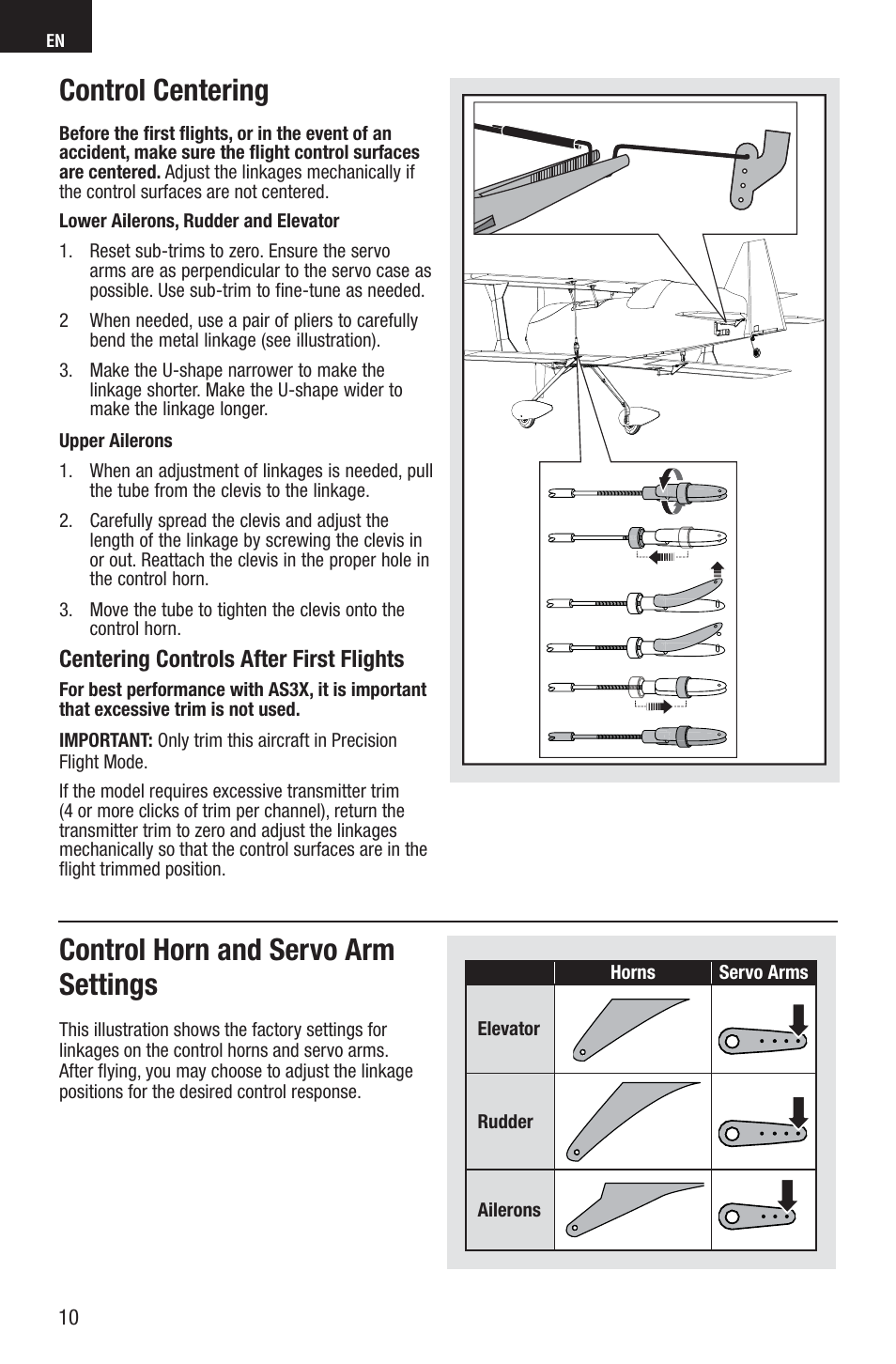 Control centering, Control horn and servo arm settings, Centering controls after first flights | E-flite Viking Model 12 280 BNF Basic User Manual | Page 10 / 19