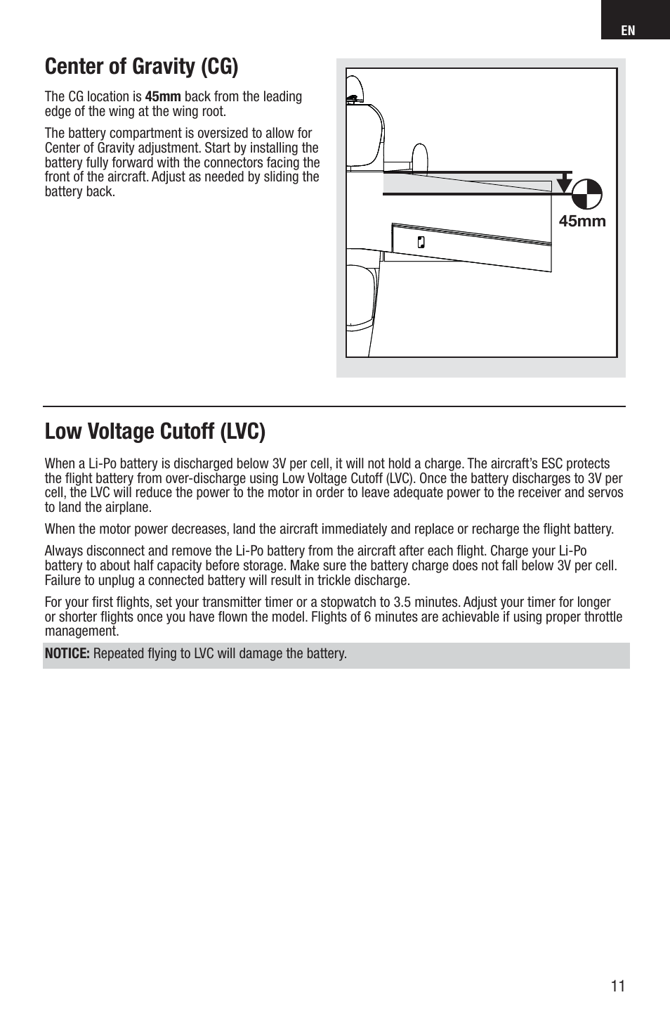 Center of gravity (cg), Low voltage cutoff (lvc) | E-flite Viking Model 12 280 BNF Basic User Manual | Page 11 / 19