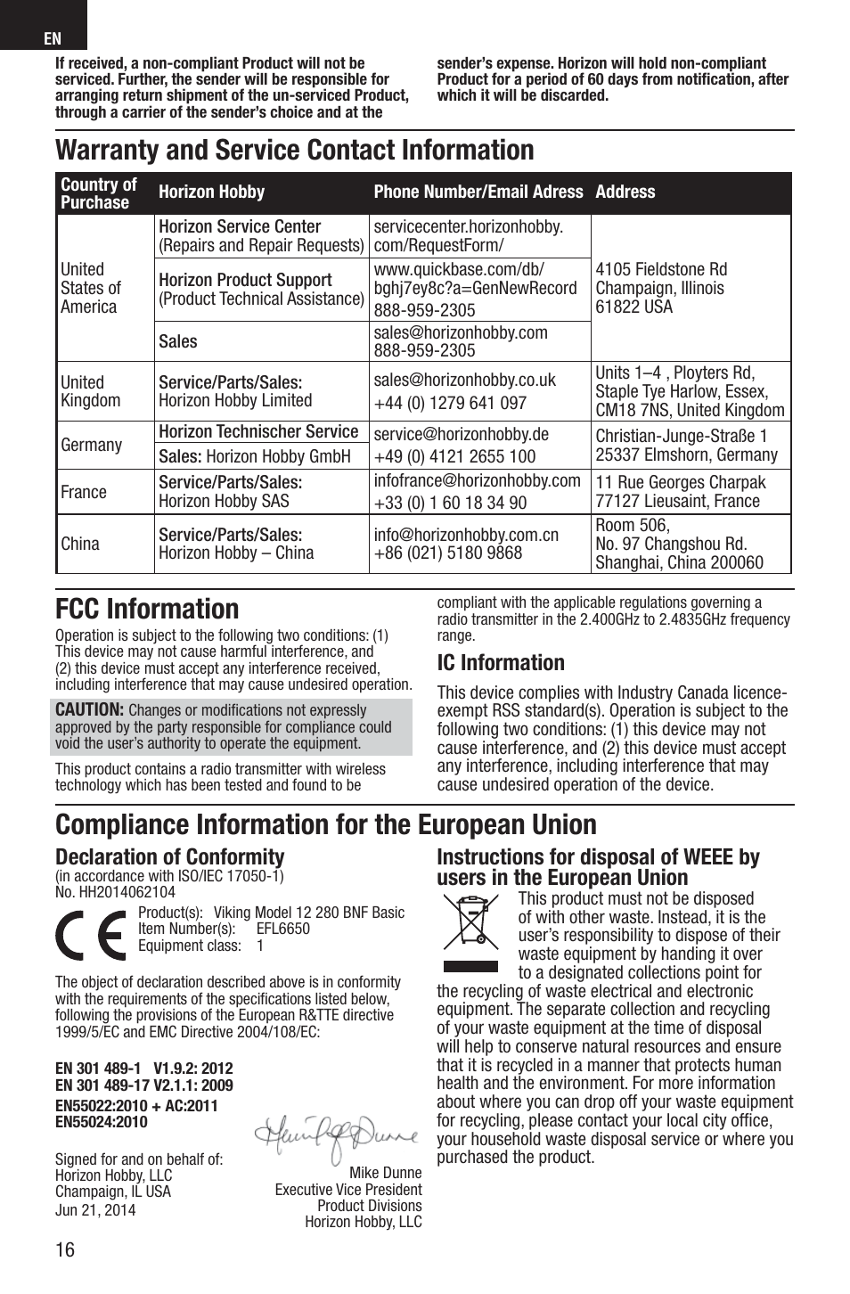 Fcc information, Declaration of conformity, Ic information | E-flite Viking Model 12 280 BNF Basic User Manual | Page 16 / 19