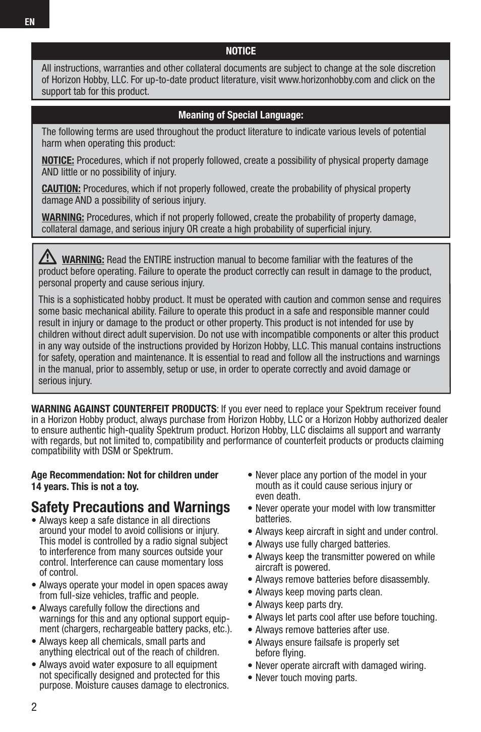Safety precautions and warnings | E-flite Viking Model 12 280 BNF Basic User Manual | Page 2 / 19