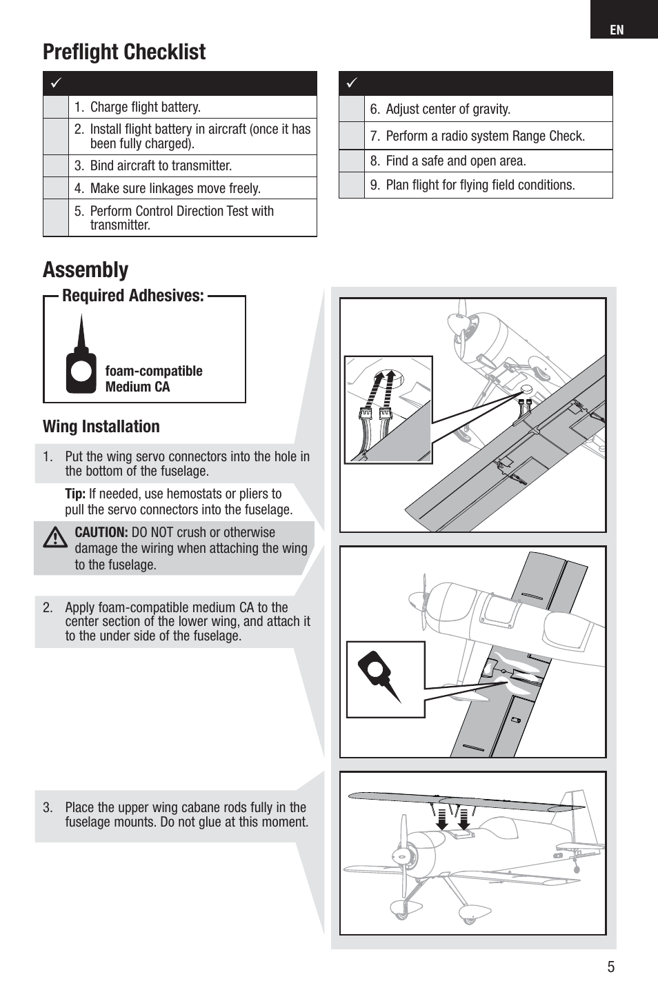 Assembly preﬂ ight checklist, Wing installation, Required adhesives | E-flite Viking Model 12 280 BNF Basic User Manual | Page 5 / 19