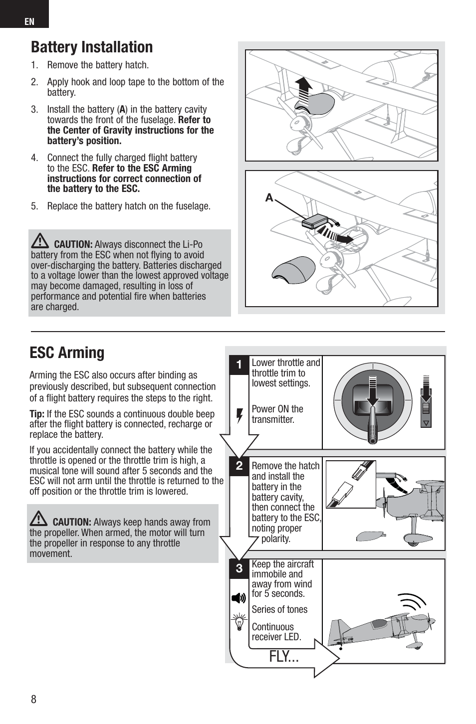 Battery installation, Esc arming | E-flite Viking Model 12 280 BNF Basic User Manual | Page 8 / 19