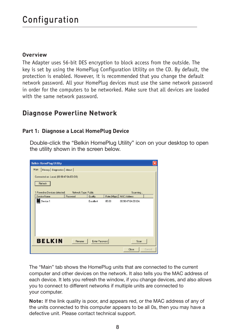 Configuration, Diagnose powerline network | Belkin F5D4071 User Manual | Page 10 / 22