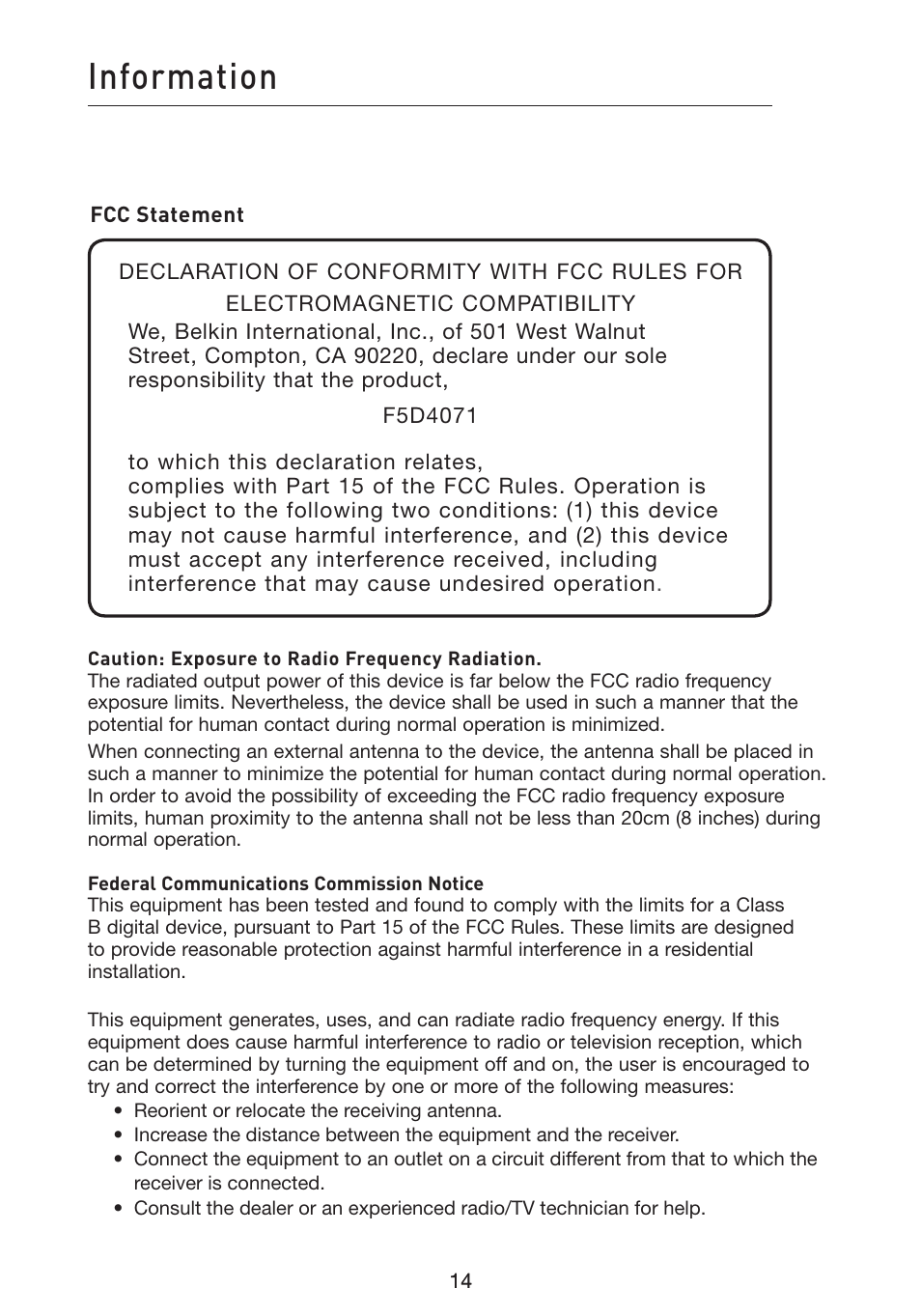 Information | Belkin F5D4071 User Manual | Page 16 / 22