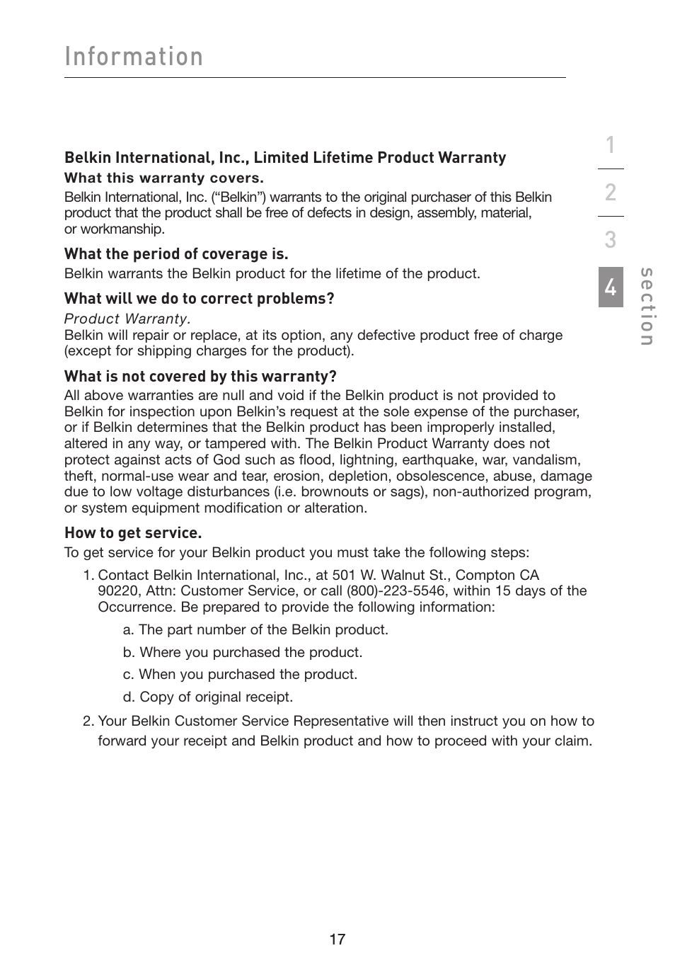 Information, Se ct io n | Belkin F5D4071 User Manual | Page 19 / 22