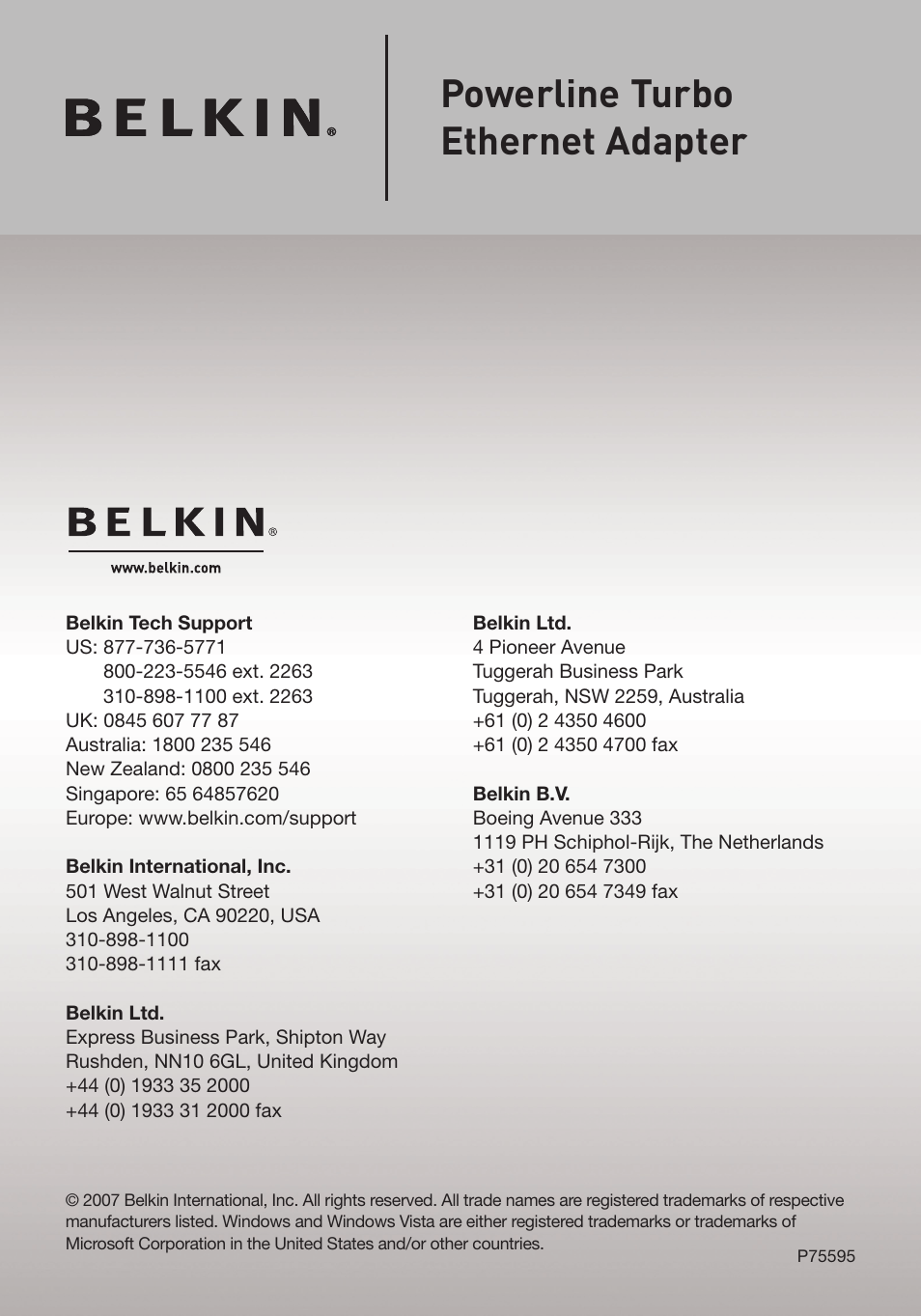 Powerline turbo ethernet adapter | Belkin F5D4071 User Manual | Page 22 / 22