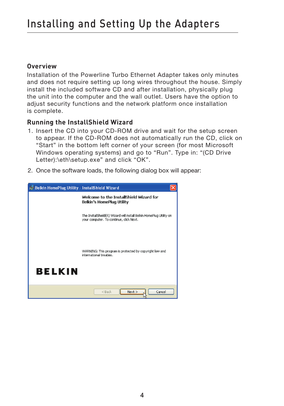 Installing and setting up the adapters | Belkin F5D4071 User Manual | Page 6 / 22