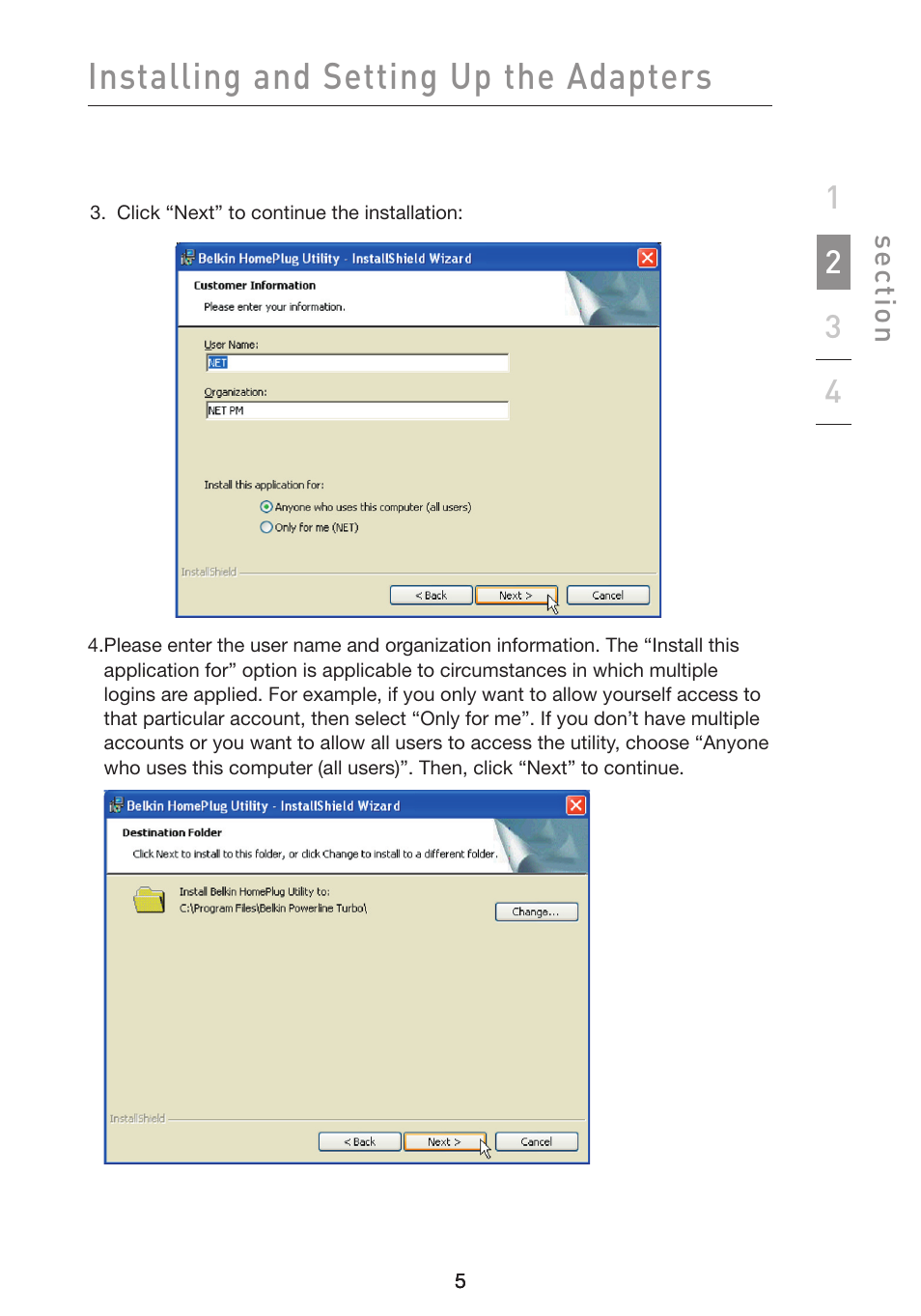 Installing and setting up the adapters, Se ct io n | Belkin F5D4071 User Manual | Page 7 / 22