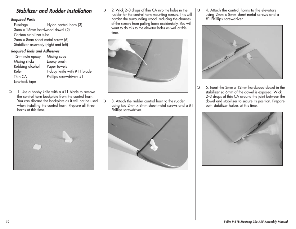 Stabilizer and rudder installation | E-flite P-51B Mustang 32e ARF User Manual | Page 10 / 48