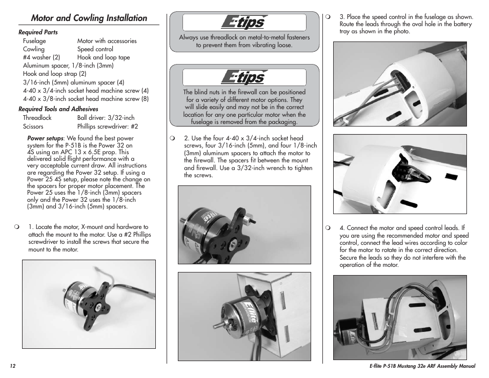 Motor and cowling installation | E-flite P-51B Mustang 32e ARF User Manual | Page 12 / 48