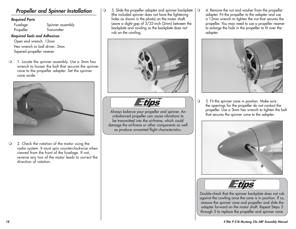 Propeller and spinner installation | E-flite P-51B Mustang 32e ARF User Manual | Page 18 / 48