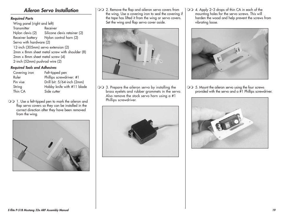 Aileron servo installation | E-flite P-51B Mustang 32e ARF User Manual | Page 19 / 48