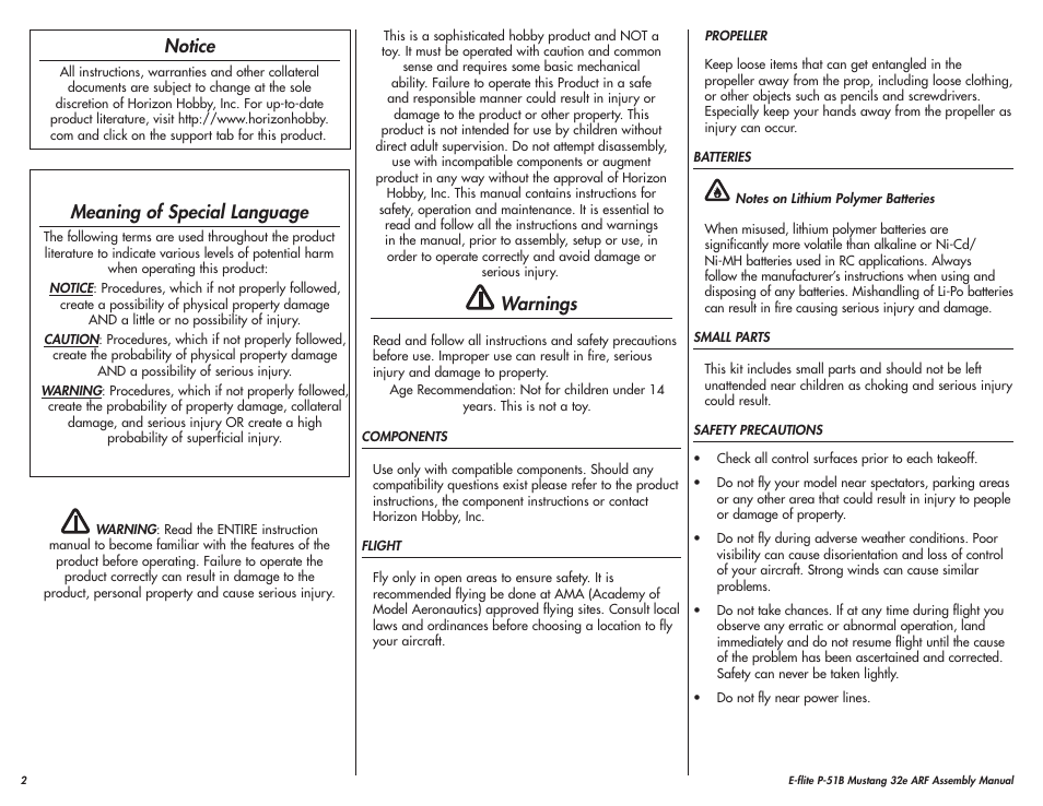 Notice, Meaning of special language, Warnings | E-flite P-51B Mustang 32e ARF User Manual | Page 2 / 48