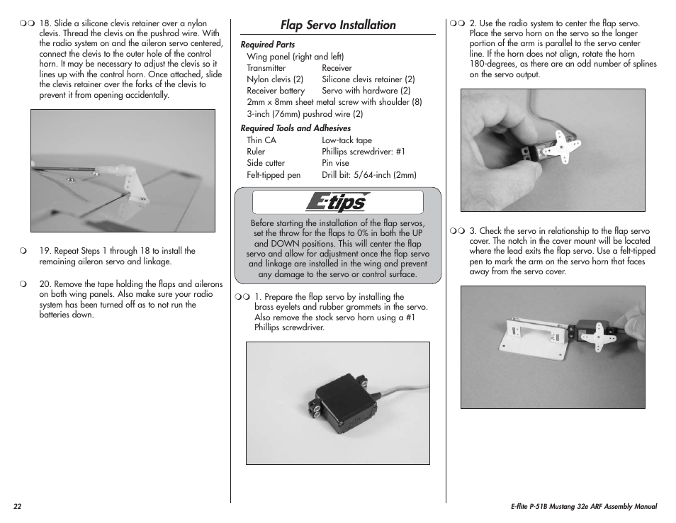 Flap servo installation | E-flite P-51B Mustang 32e ARF User Manual | Page 22 / 48