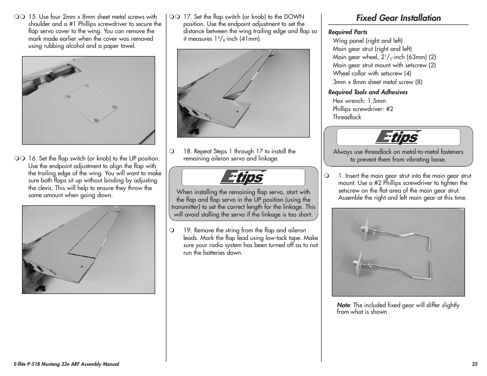 Fixed gear installation | E-flite P-51B Mustang 32e ARF User Manual | Page 25 / 48