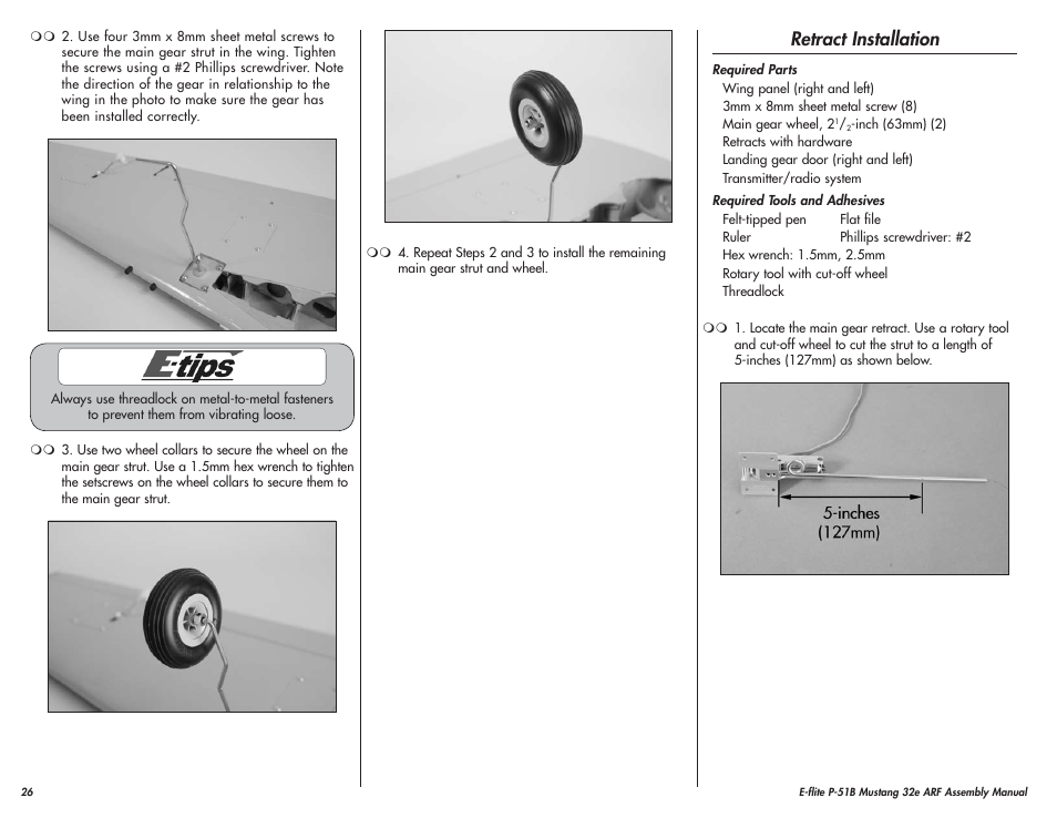 Retract installation | E-flite P-51B Mustang 32e ARF User Manual | Page 26 / 48